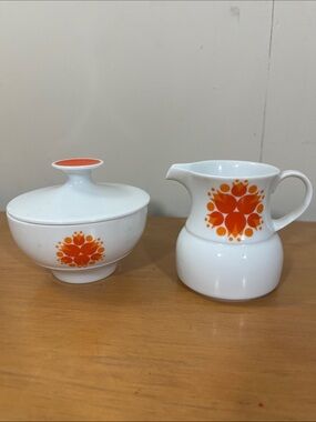 White Ceramic Sugar Bowl and Creamer Set with Orange Floral Motif Thomas Germany